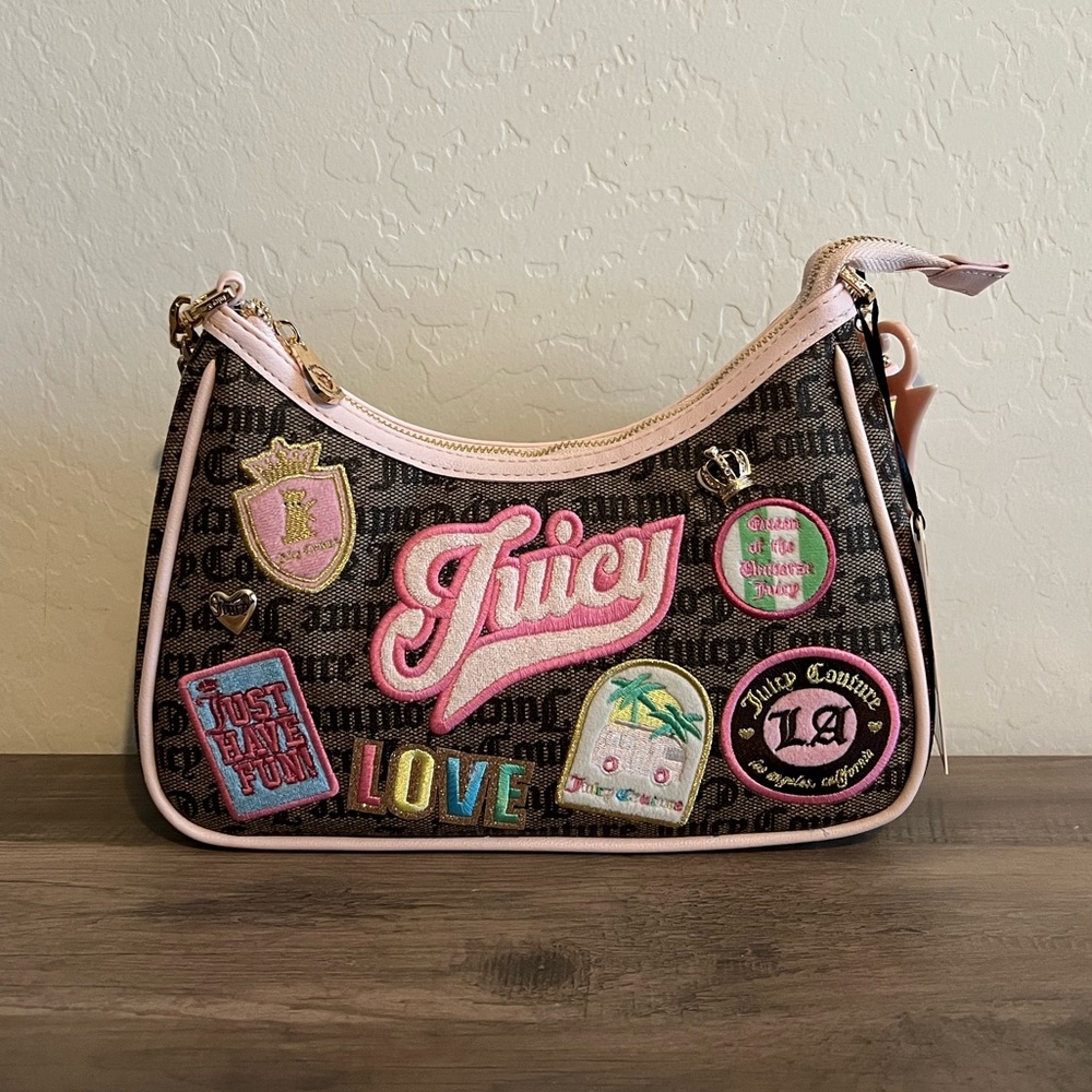 Juicy Couture Brown Logo Patch Shoulder Bag with Pink Trim
